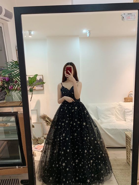 Sexy Black Prom Dresses A-Line / Princess Spaghetti Straps Sleeveless Star Embroidered Floor-Length    cg10940
