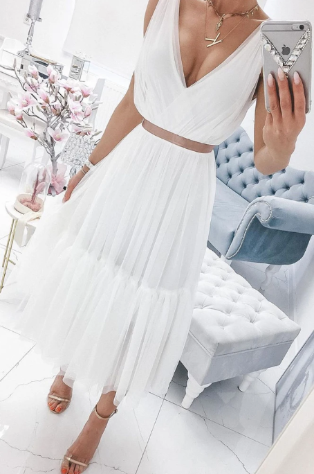 SIMPLE WHITE V NECK CHIFFON PROM DRESS WHITE TULLE FORMAL DRESS   cg10946