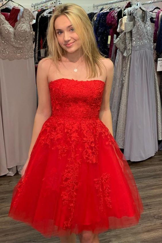 strapless red lace appliques short homecoming dress   cg10959