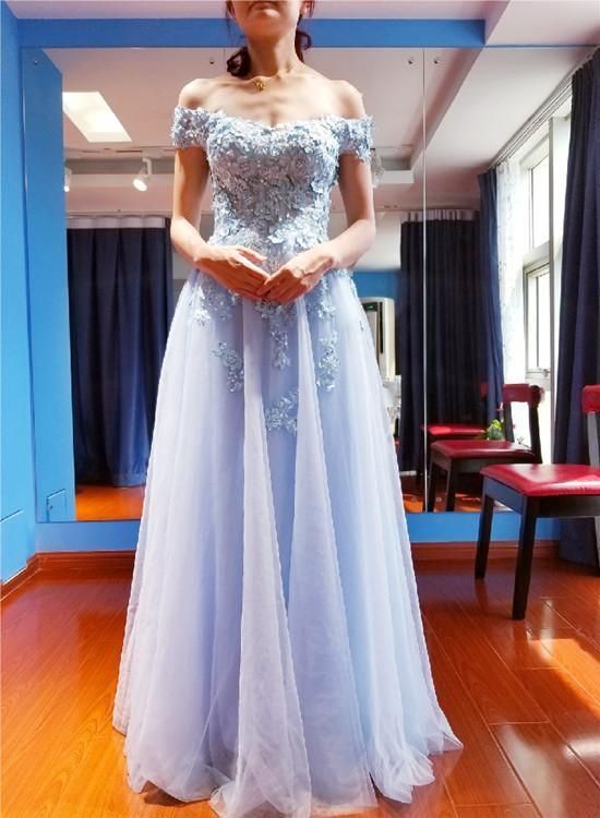 Beautiful Light Blue Off Shoulder Tulle A-line Long Party prom Dress    cg10974