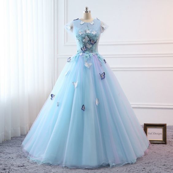 Prom Ball Gown Plus Size Long Women Formal Dresses Sky Blue Butterfly flower Quinceanera Dress   cg10982