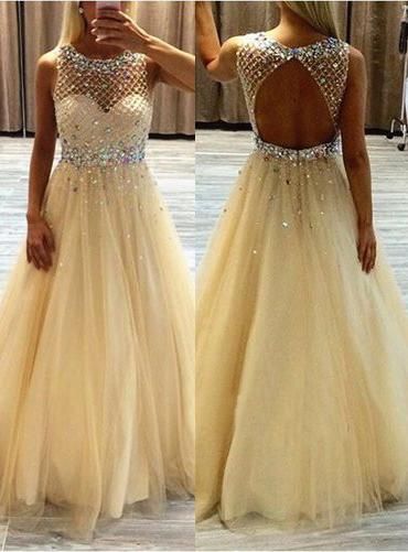 Champagne Tulle Princess/A-Line Backless Beaded Prom Dresses    cg11013
