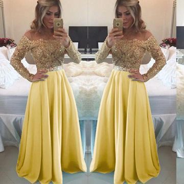 Sexy Yellow Long Sleeves Beading Prom Dresses    cg11139