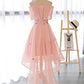 Pink Cute High Low Off Shoulder Homecoming Dress With Flowers   cg11173