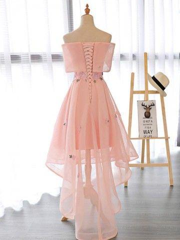 Pink Cute High Low Off Shoulder Homecoming Dress With Flowers   cg11173