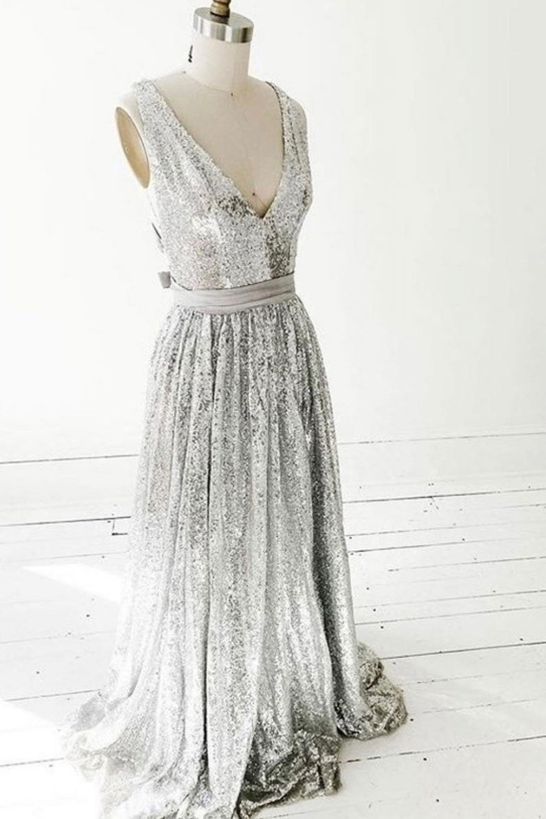 Simple gray v neck sequin long prom dress gray formal dress   cg11205