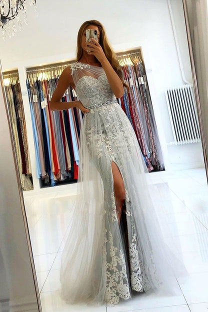 GRAY ONE SHOULDER TULLE LACE LONG PROM DRESS GRAY EVENING DRESS  cg11207