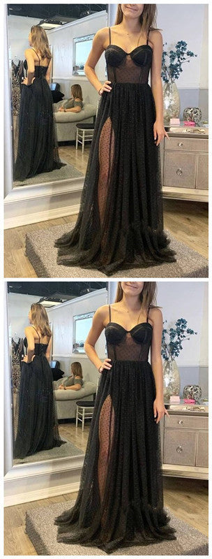 Black Spaghetti Straps A Line Prom Dress    cg11250