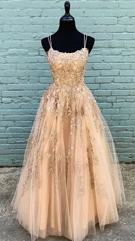 Fabulous Tulle A Line Spaghetti Straps Prom Dresses with Lace Appliques   cg11260
