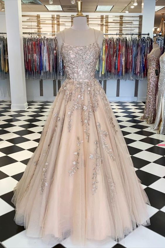 gold A-line tulle and lace appliques long prom dress    cg11324