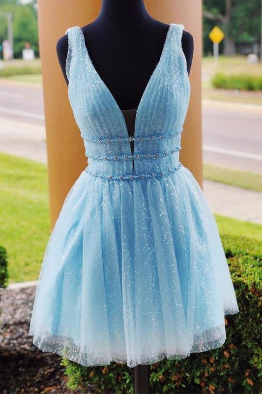 V-Neck Sparkling Beading Sky Blue Short Homecoming Dress   cg11328