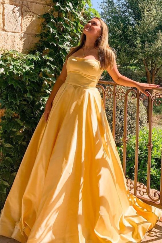 simple yellow long prom gown formal dress with strapless neckline   cg11358