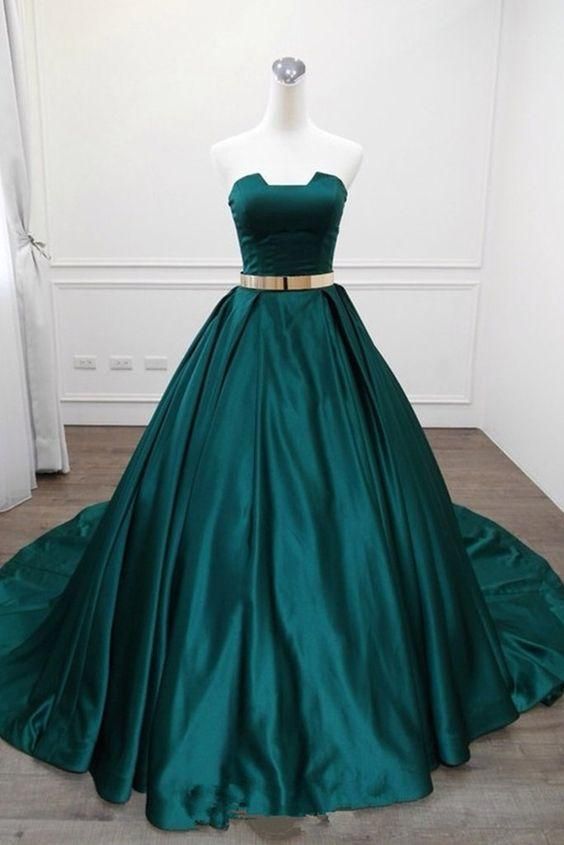 Strapless Green Satin Long Vintage A Line Prom Dress With Gold Belt    cg11477