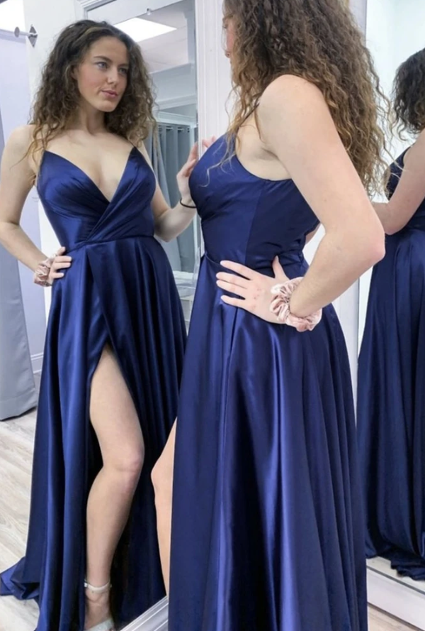 A Line V Neck Navy Blue Satin Long Prom Dress with High Slit, V Neck Navy Blue Formal Graduation Evening Dress   cg11495