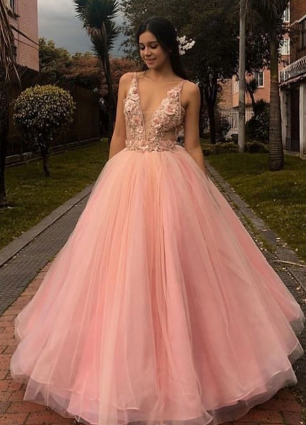 Pink v neck tulle lace applique long prom dress pink formal dress   cg11510