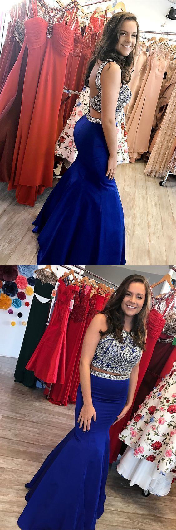 Sparkly Beaded Two Piece Prom Dresses, Royal Blue Satin Evening Party Gowns   cg11534