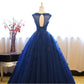 Navy Blue Tulle Cap Sleeves Quinceanera Dresses, Blue Beaded Ball Gown Party Dress prom dress evening dress   cg11552