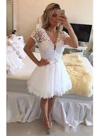 White Short Homecoming Dresses, Short Sleeves V Neck Lace Beaded Top   cg11578