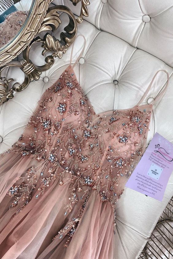 straps A-line rosegold tulle long evening dress with beaded bodice prom dress   cg11589