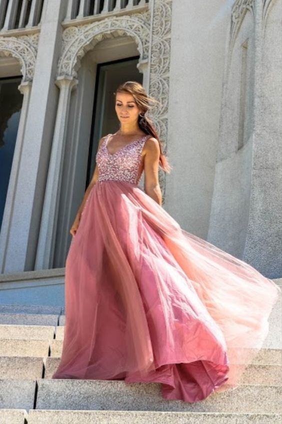 blush pink A-line long formal dress evenig dress with v neckline Prom Dress   cg11597