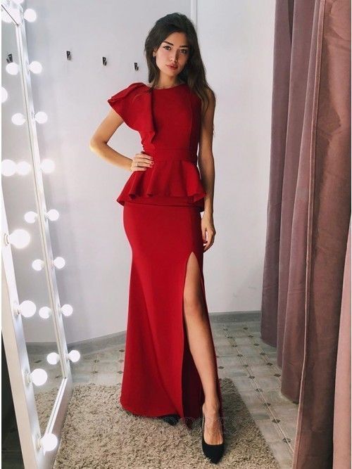 Tight Split Dark Red Jewel Formal Ruffle Prom Party Dress   cg11609