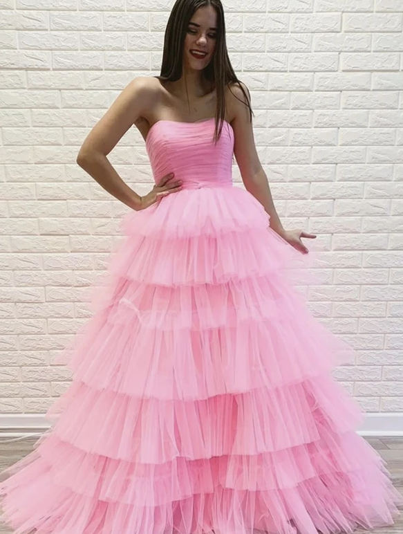 Pink tulle long prom gown pink evening dress   cg11613