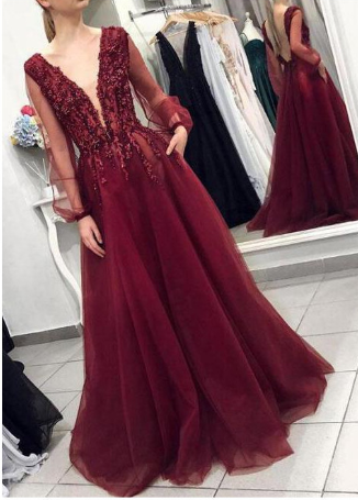 Elegant Deep V-neck Burgundy Backless Prom Dress With Long Puff Sleeves  cg1164