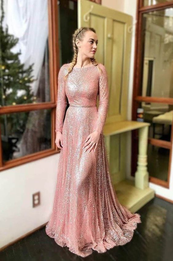 Sparkly Blush Pink Long Prom Dresses with Long Sleeves   cg11672