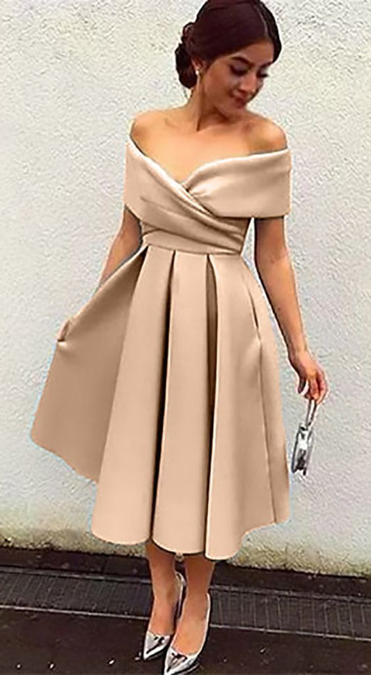 Off the Shoulder Satin Midi Cocktail Dress Homecoming Dress   cg11692