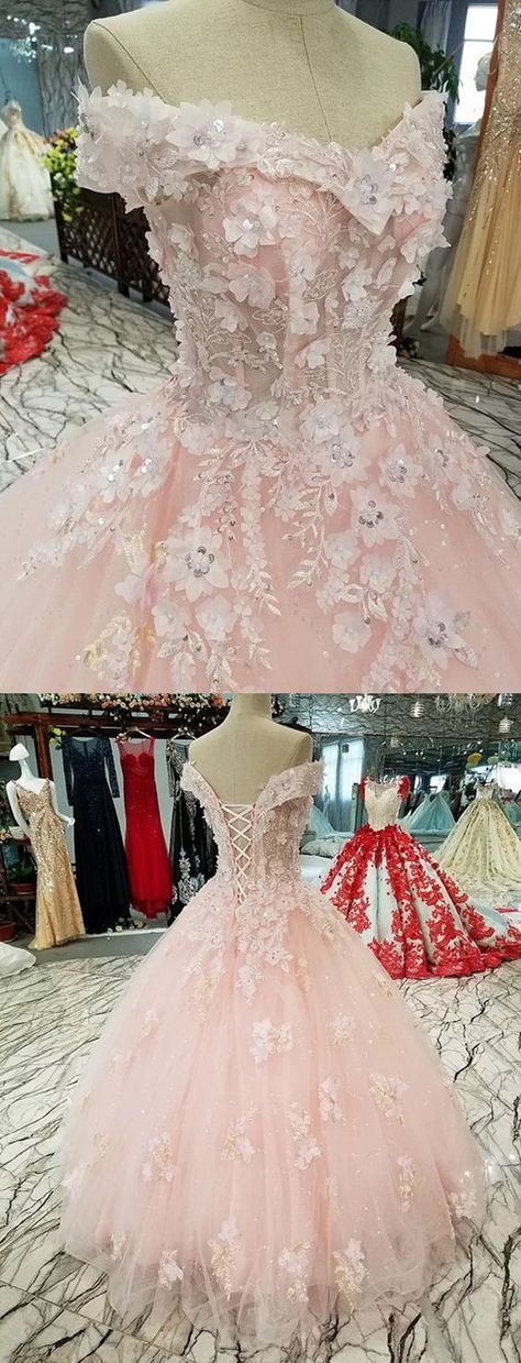 Blush Pink Flowers Tulle Off Shoulder Quinceanera Dresses Ball Gowns Prom Dress   cg11696