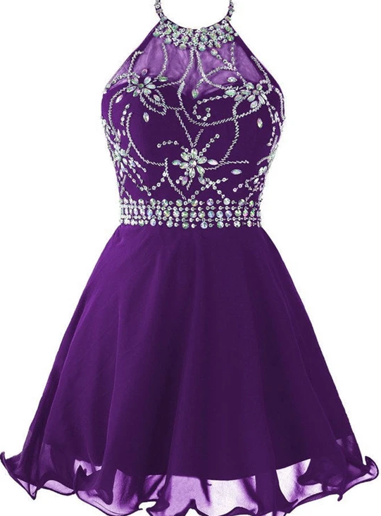 Beautiful Purple Chiffon Halter Beaded Homecoming Dress, Knee Length Party Dress   cg11704