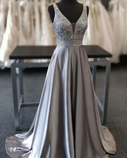 Beautiful Elegant Silver Grey Prom Dress,Beaded Evening Gowns,V Neck Formal Dress,Special Occasion Dress cg1171