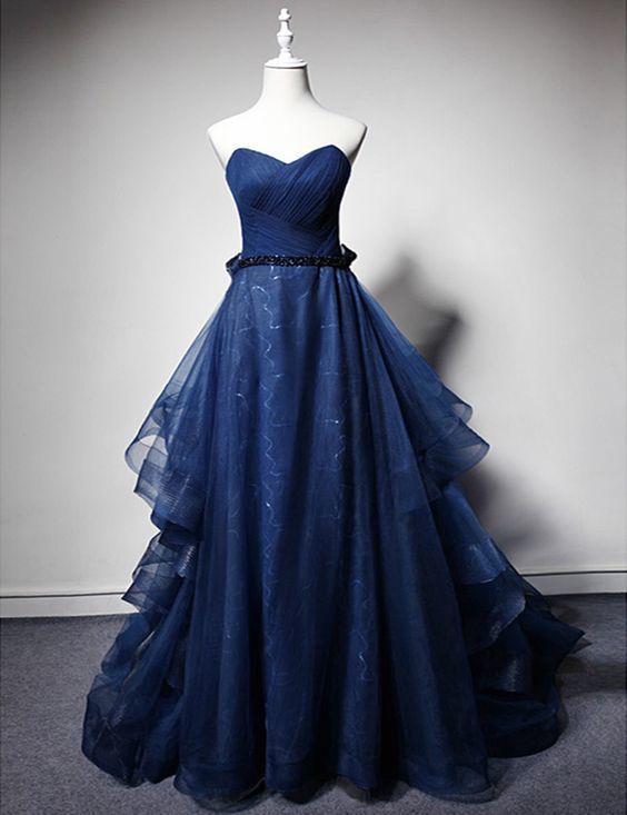 Navy Blue Tulle Strapless Long Layered Custom Size Evening Dress, Sweep Train Prom Dress   cg11719