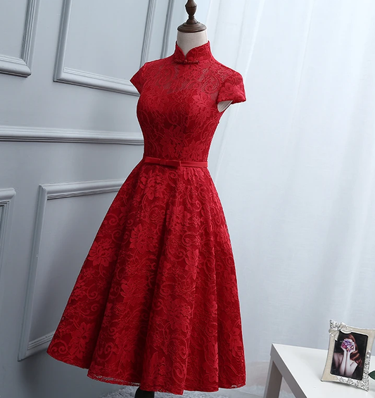 Red Lace Knee Length High Neckline Party Dress, Lace Homecoming Dresses   cg11726