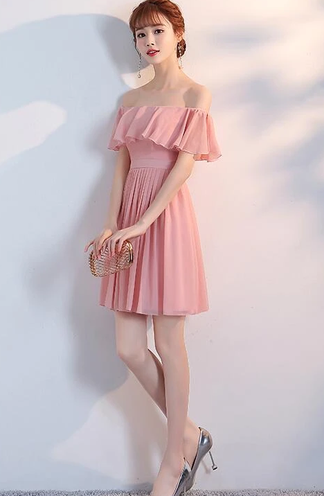 Lovely Off Shoulder Light Pink Short Bridesmaid Dress, Pink Homecoming Dresses   cg11727