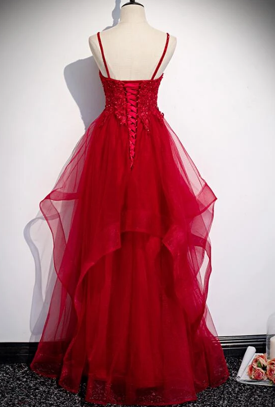 Red Lace Tulle Layered Straps Fashionable Long Party Dress, Long Prom Gown   cg11729