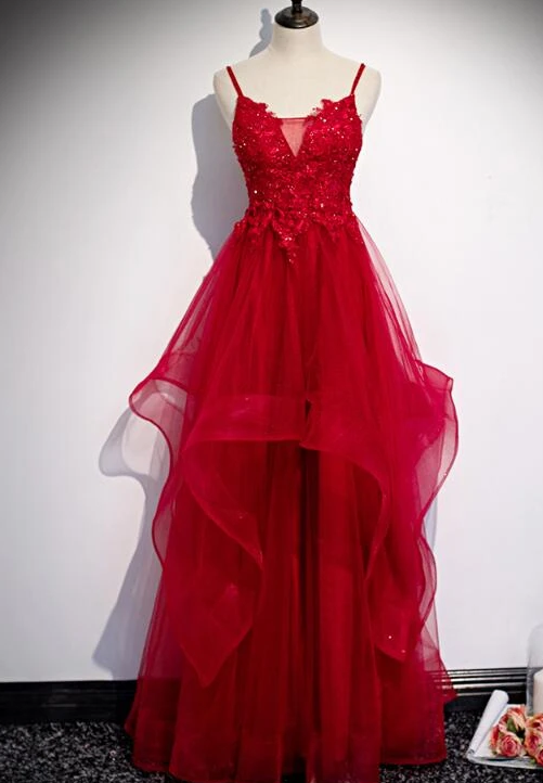 Red Lace Tulle Layered Straps Fashionable Long Party Dress, Long Prom Gown   cg11729