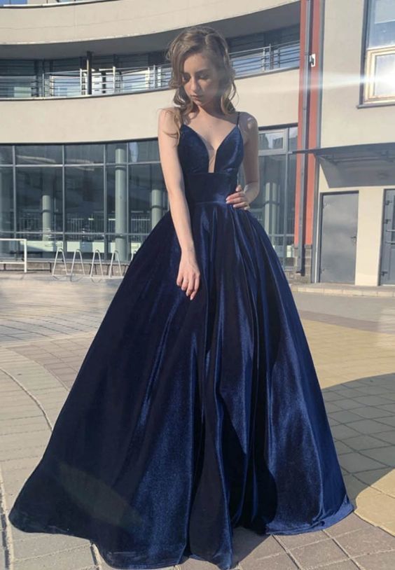 Blue v neck velvet long prom dress evening dress   cg11734