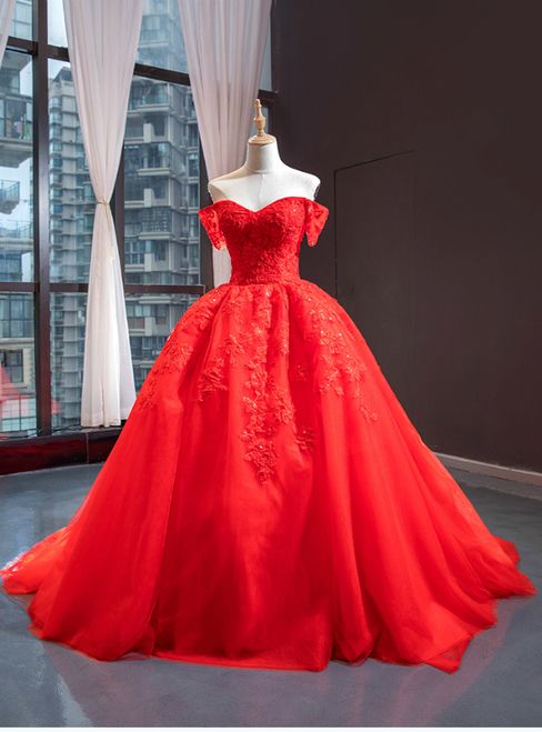 Red Ball Gown Tulle Appliques Off the Shoulder Beading Prom Dress   cg11746