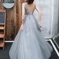 Gray v neck tulle beads prom dress, evening dress cg1177