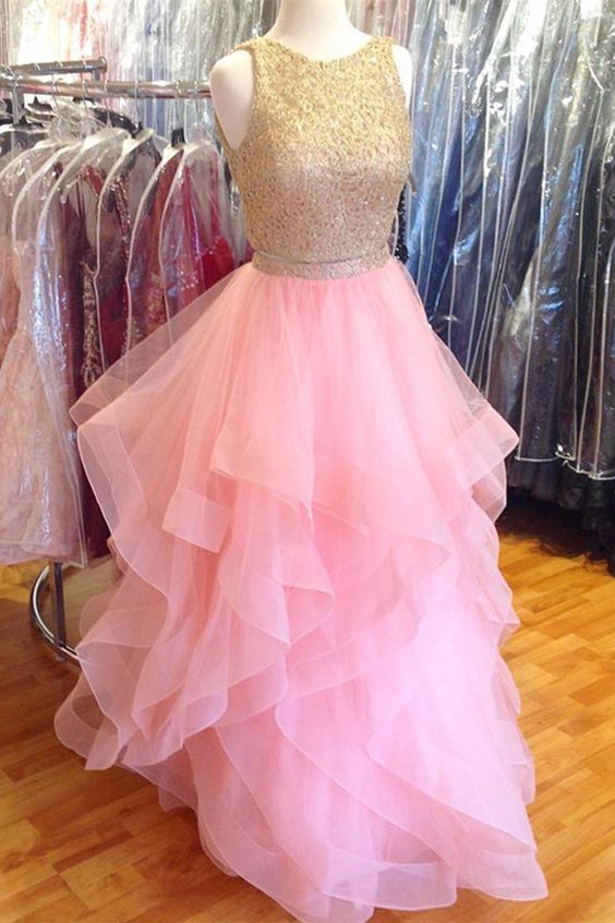 Pink tulle two pieces fashion long prom dress, lace top evening dress    cg11779