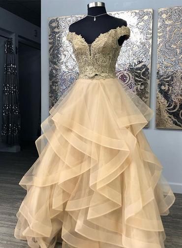 Pretty Gold Lace Two Pieces Off Shoulder Layered Senior Prom Dress   cg11802