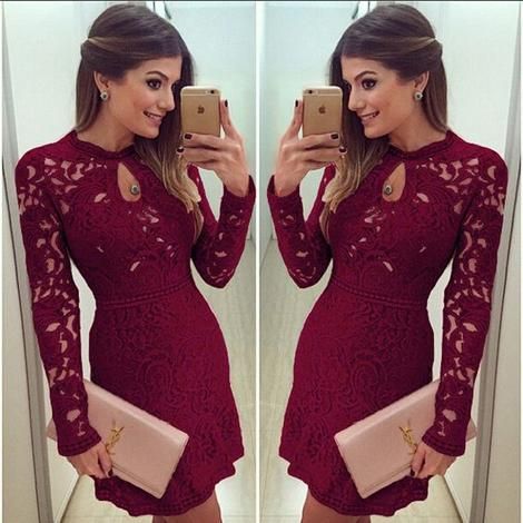 Sexy Women Casual Dress Evening Cocktail Lace Long Sleeve Bodycon Mini Short Homecoming Dress   cg11874