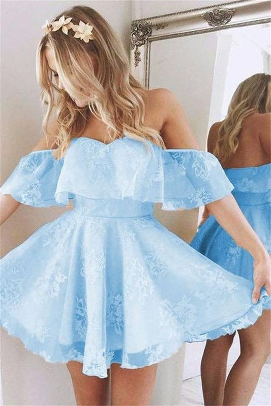 Short A Line Sweetheart Ruffles Shoulder Homecoming Dresses   cg11887