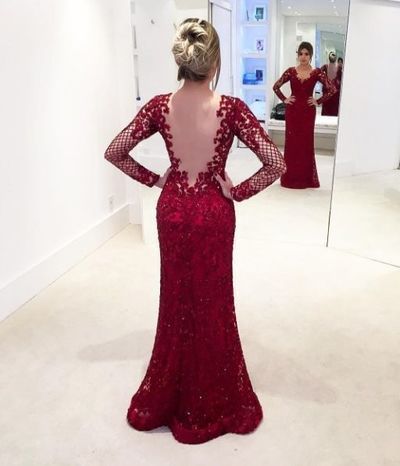 Burgundy Open Back Prom Dress With Applique   cg11903