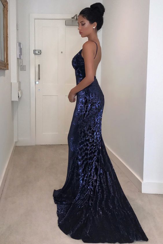 Mermaid Spaghetti Straps Backless Navy Blue Sequin Prom Dress    cg11909