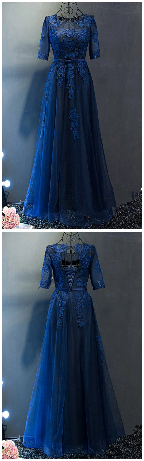 Navy Blue tulle see-through short sleeves lace applique long prom dress   cg11915
