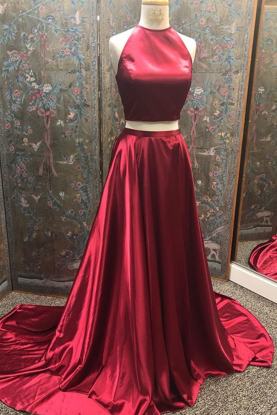 Simple Two Piece Wine Red Long Party Dress Prom Dress     cg11946