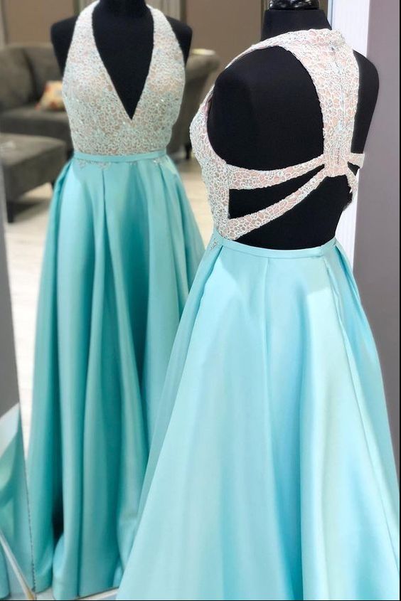 Gorgeous Elegant Custom Made Plunging Neck Long Beading Ice Blue Prom Dress   cg11960