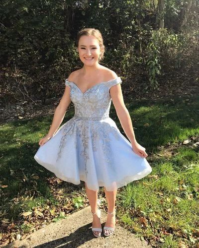 Beautiful A Line Off the Shoulder Light Blue Short Homecoming Dresses with Appliques   cg11976